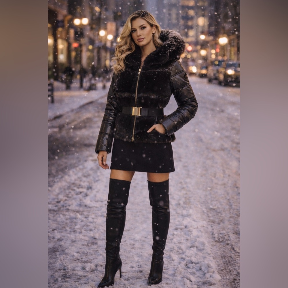 River Island Black Quilted Jacket with Fur Detail